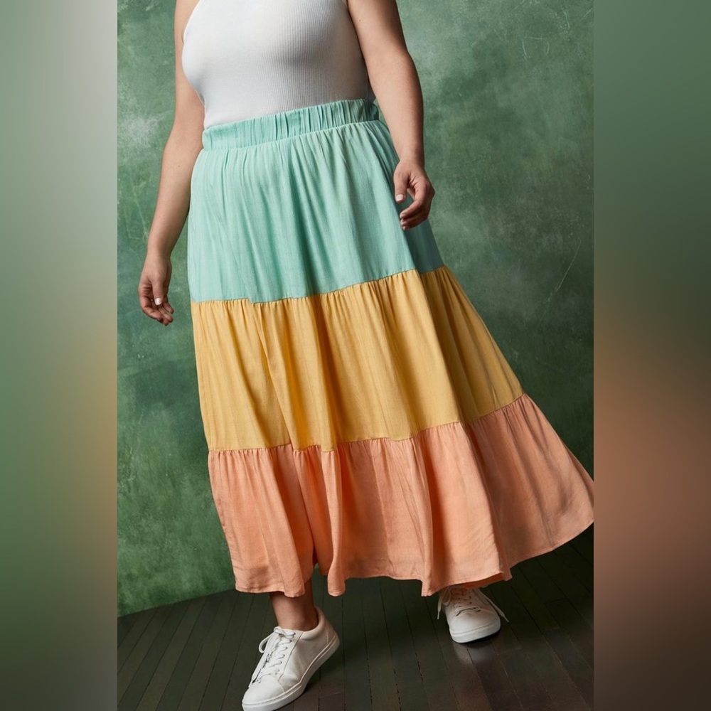 torrid Mint, Yellow & Peach Tiered Maxi Skirt Size 1